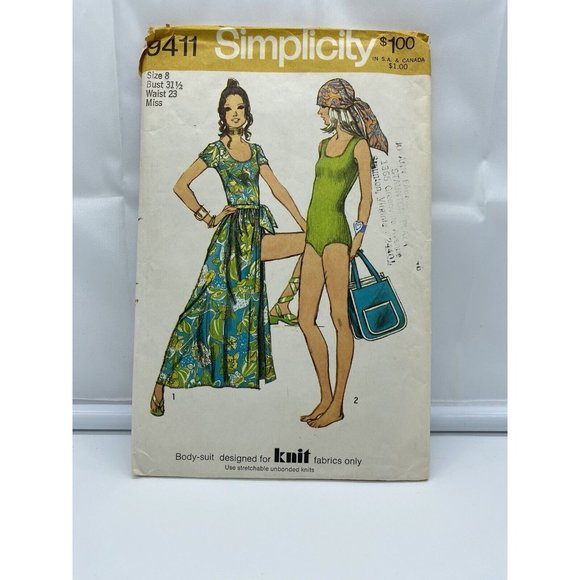 Simplicity 9411 Bodysuit & Wrap-Skirt Sewing Pattern Women Sz 8 Cut Vintage 70s - Picture 1 of 5